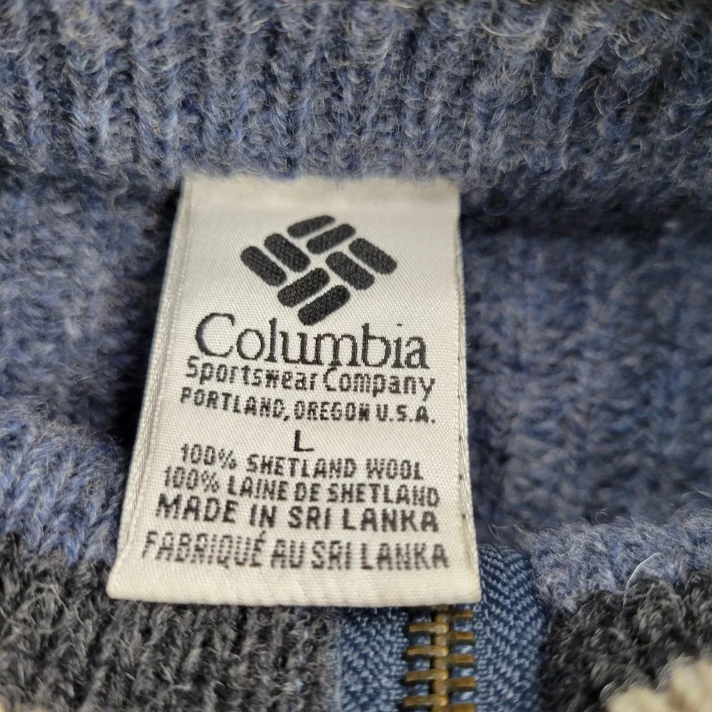 Columbia Sweater Mens Large Blue Shetland Wool 1/4 Zip Mock Neck Knit Pullover